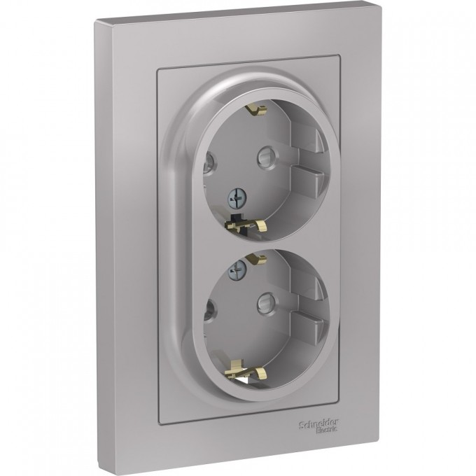 Розетка двойная SCHNEIDER ELECTRIC ATLASDESIGN с заземлением, со шторками, в сборе, алюминий ATN000326