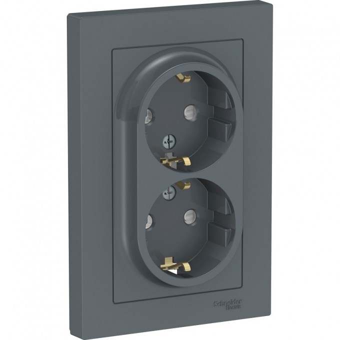 Розетка двойная SCHNEIDER ELECTRIC ATLASDESIGN с заземлением, со шторками, в сборе, грифель ATN000726