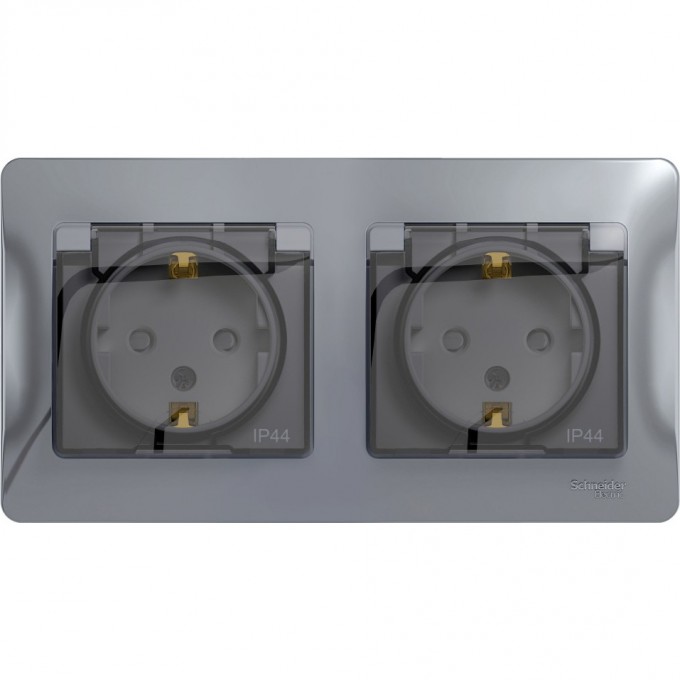Розетка двойная SCHNEIDER ELECTRIC GLOSSA с заземлением, со шторками, в сборе, IP44, алюминий GSL000347