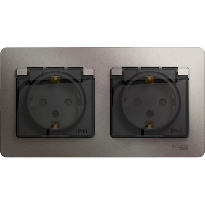 Розетка двойная SCHNEIDER ELECTRIC GLOSSA с заземлением, со шторками, в сборе, IP44, платина GSL001247