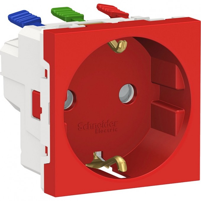Розетка SCHNEIDER ELECTRIC UNICA MODULAR с заземлениям, со шторками, с быстрозажимными клеммами, 16А 250В, 2 модуля, красный NU305703