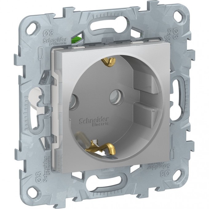 Розетка SCHNEIDER ELECTRIC UNICA NEW с заземлением, со шторками, с быстрозажимными клеммами, алюминий NU505730