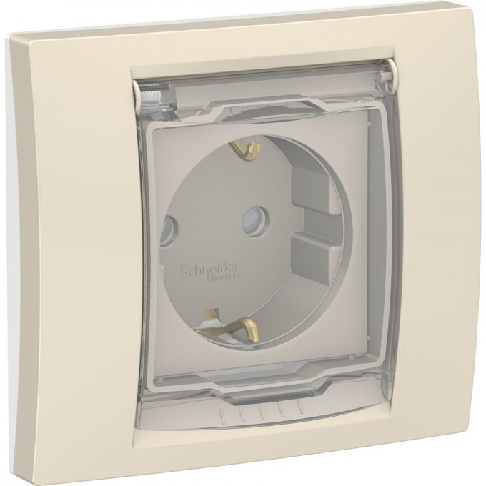 Розетка SCHNEIDER ELECTRIC UNICA NEW с заземлением, со шторками, с крышкой, IP44, бежевый NU003744