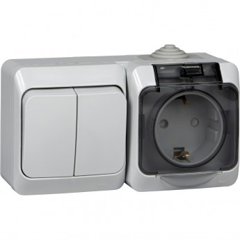 Блок SCHNEIDER ELECTRIC ЭТЮД IР44 О/У: розетка з/к со шт. 16А 250B, выключатель 2-клав.10А, СЕРЫЙ, Россия